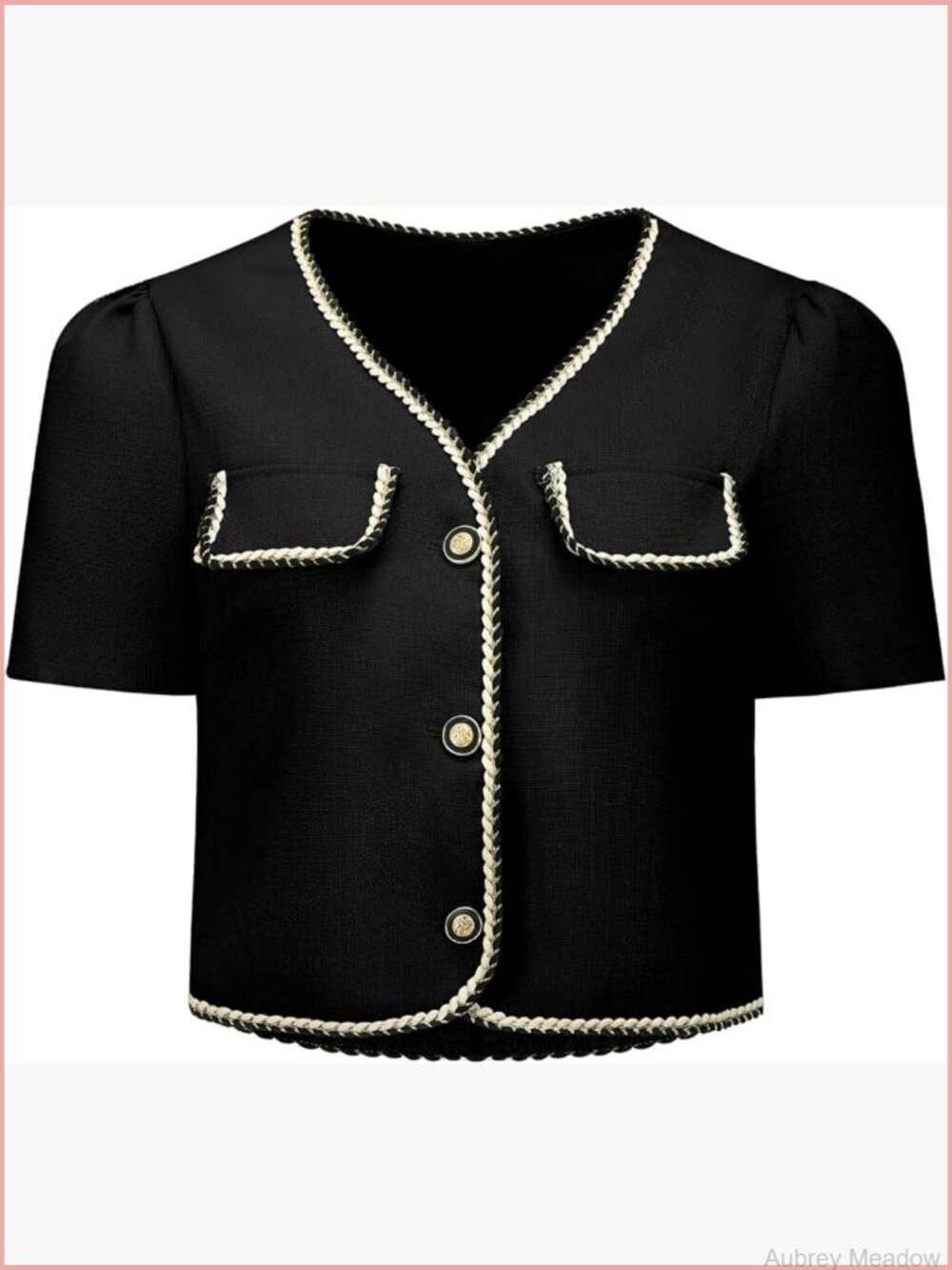 Women's Tweed Blazer Contrast Button Down Short Sleeve Work Office